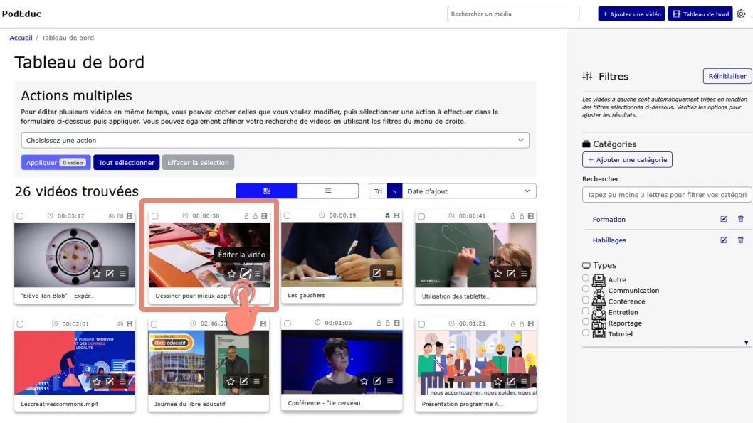 Accéder au bouton éditer la vidéo depuis la vignette de la vidéo.