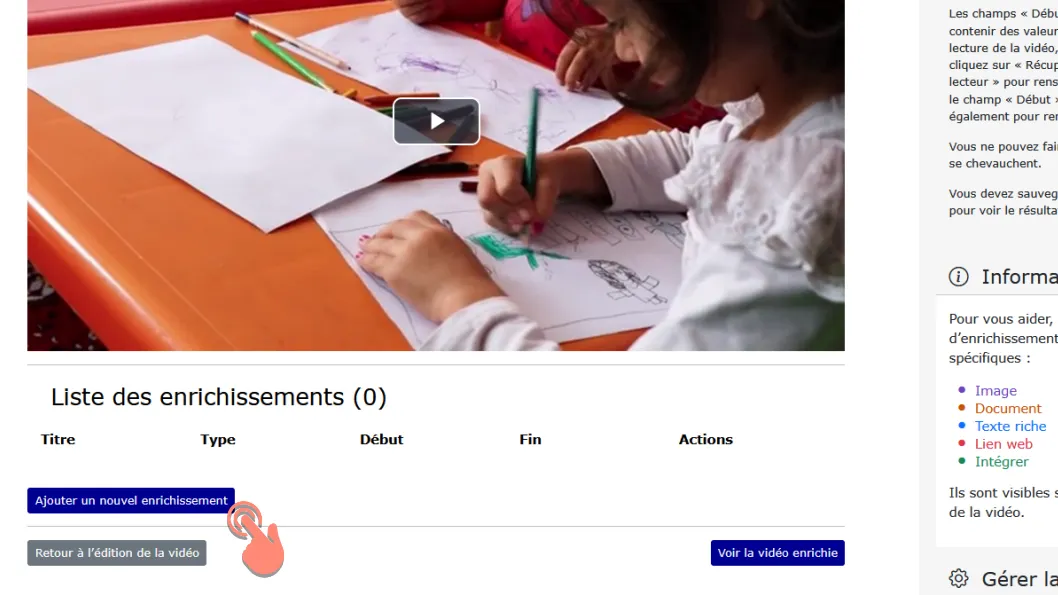 Cliquer sur le bouton ajouter un enrichissement sous la vidéo.
