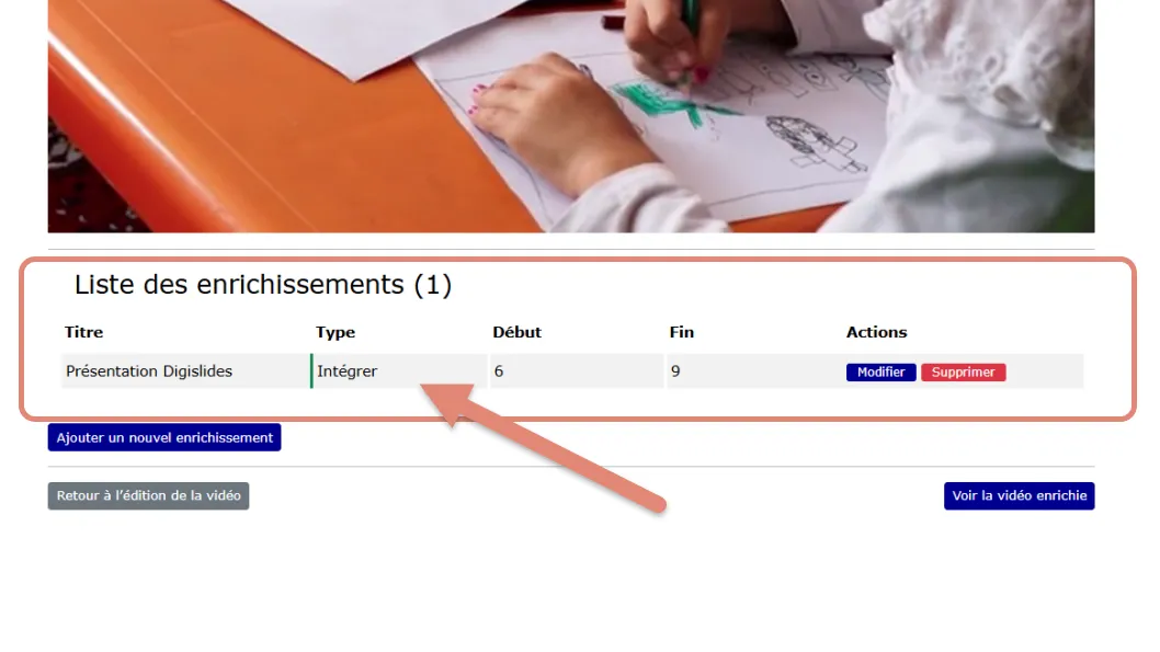 Enrichissement intégrer  est ajouté à la liste des enrichissements sous la vidéo.