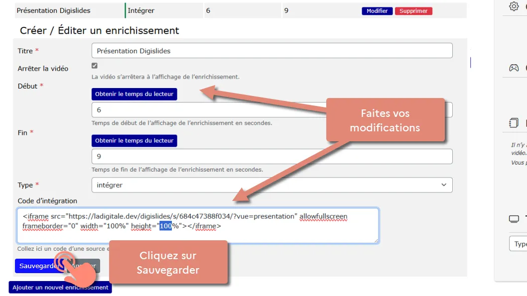 Formulaire de modification de l’enrichissement avec les champs pré-remplis.