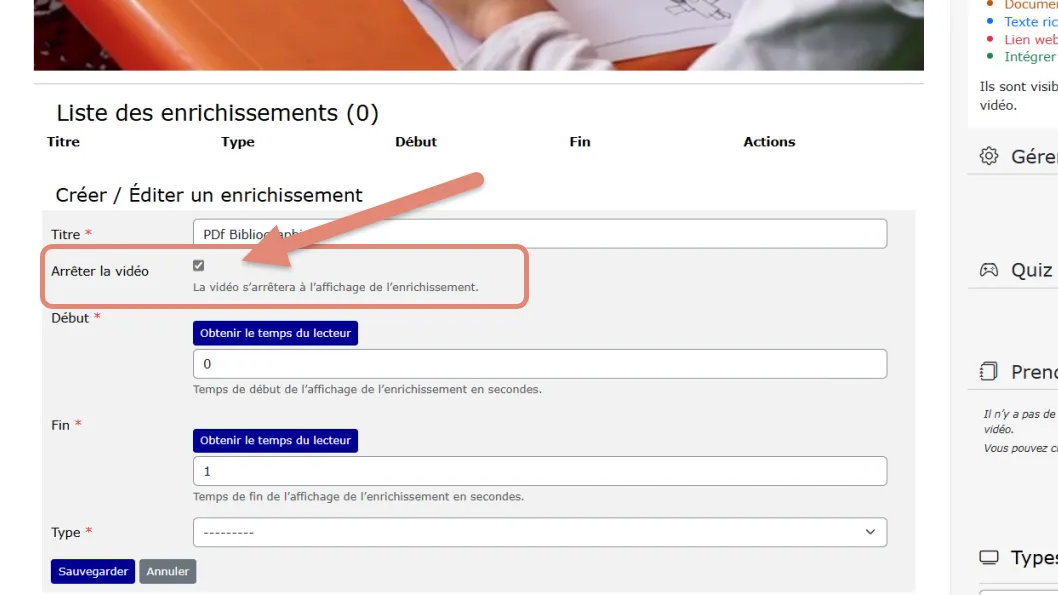 case à cocher arrêter la vidéo dans le formulaire.