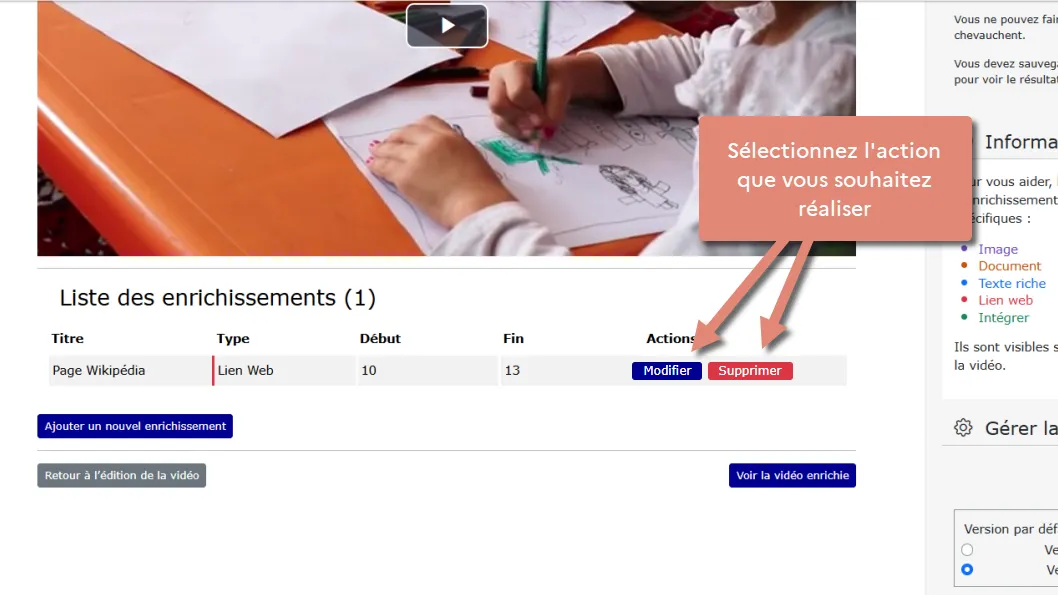 boutons modifier et supprimer dans le tableau liste des enrichissements.
