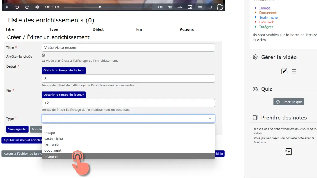 Sélection du type d’enrichissement intégrer.