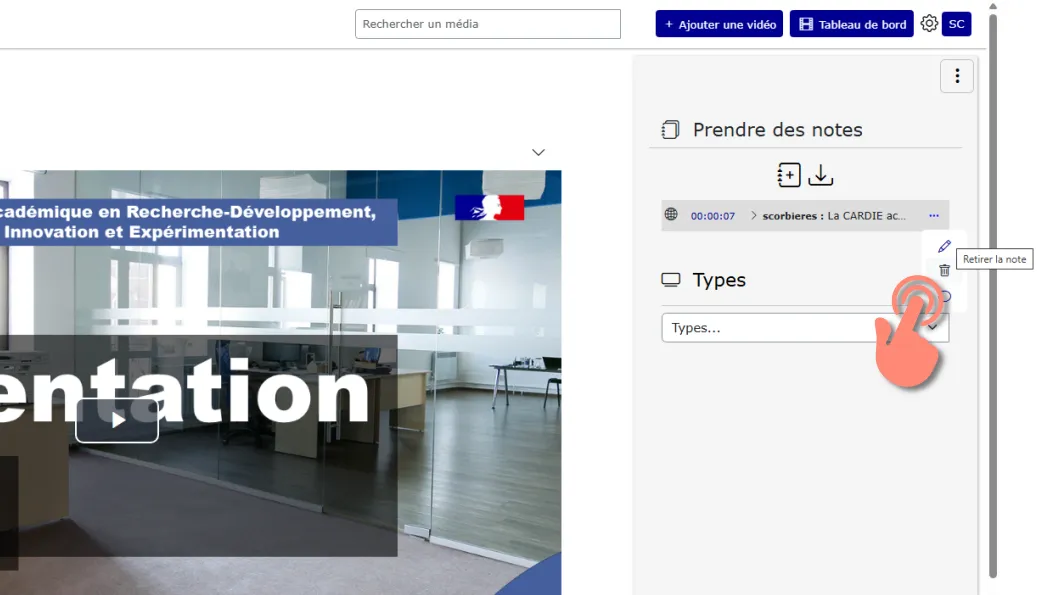 bouton corbeille pour supprimer une note.