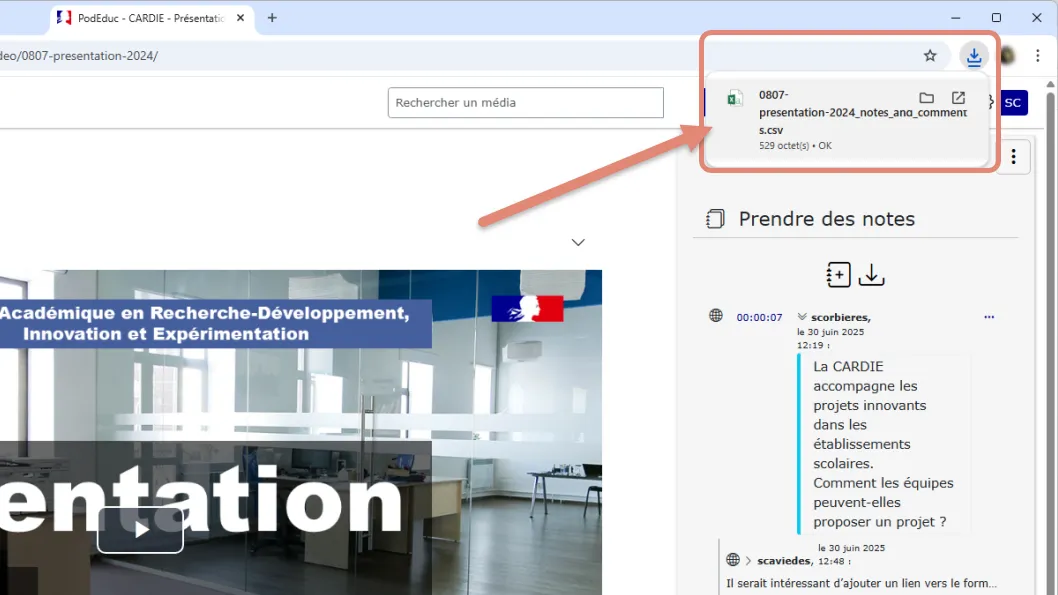 fichier .csv téléchargé.