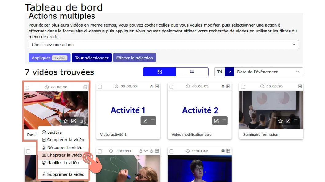 depuis la vignette de la vidéo cliquer directement sur le bouton chapitrer la vidéo.