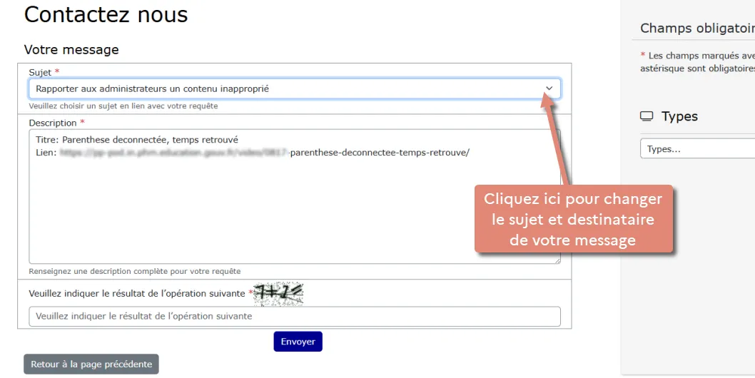 formulaire de contact PodEduc champ Sujet à cliquer.