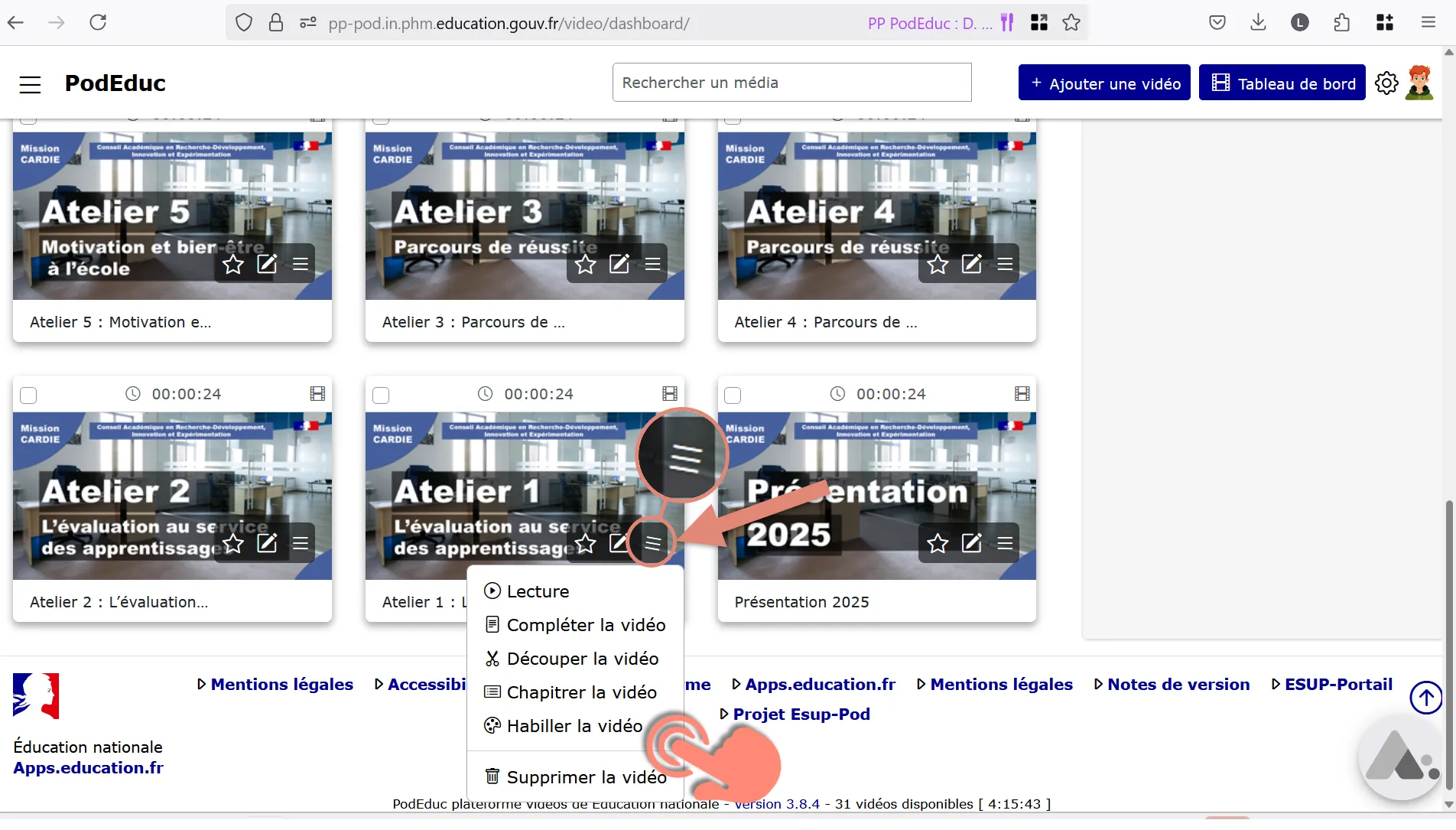 habiller une vidéo depuis une vignette du tableau de bord.