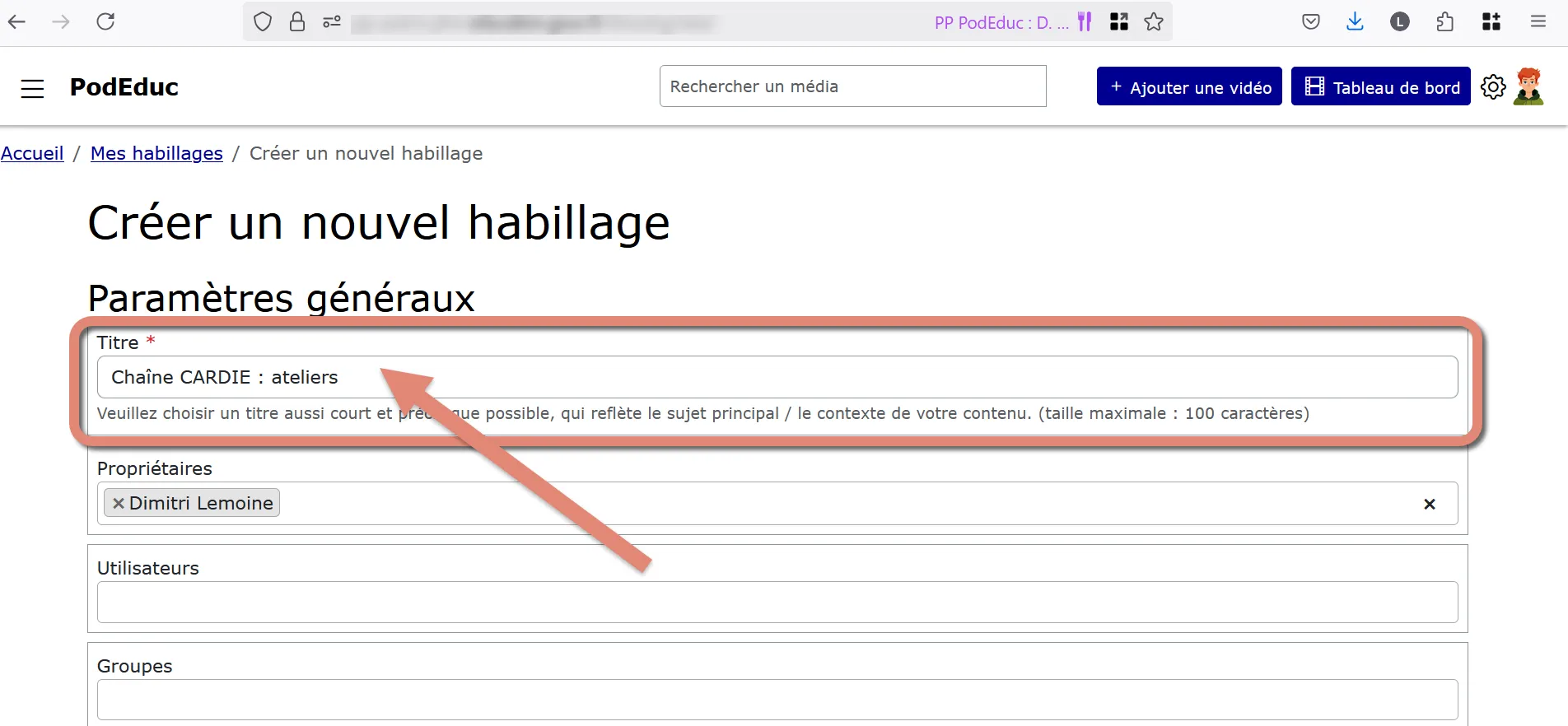 formualire d&rsquo;édition de l&rsquo;habillage, champs titre.