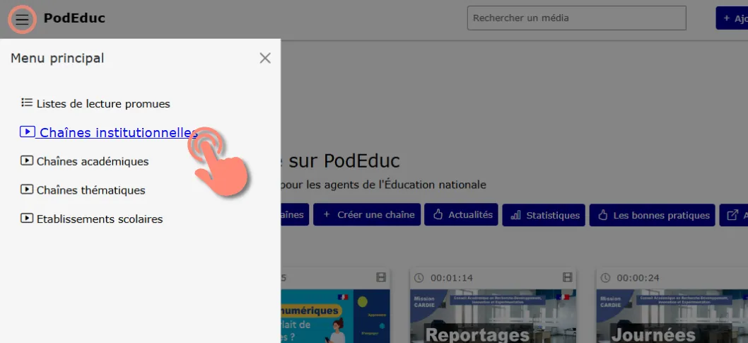 accéder au menu des chaînes