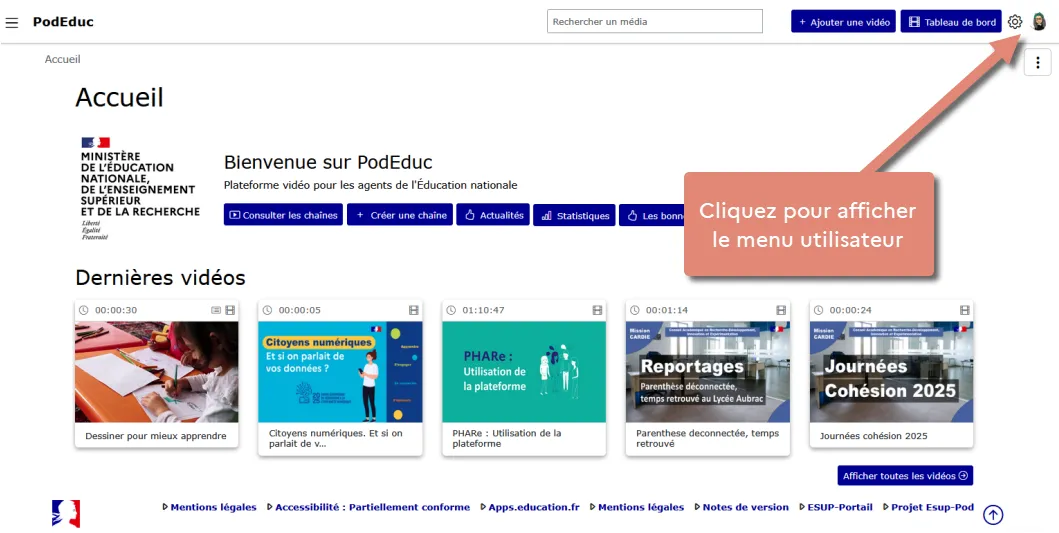 Menu utilisateur..