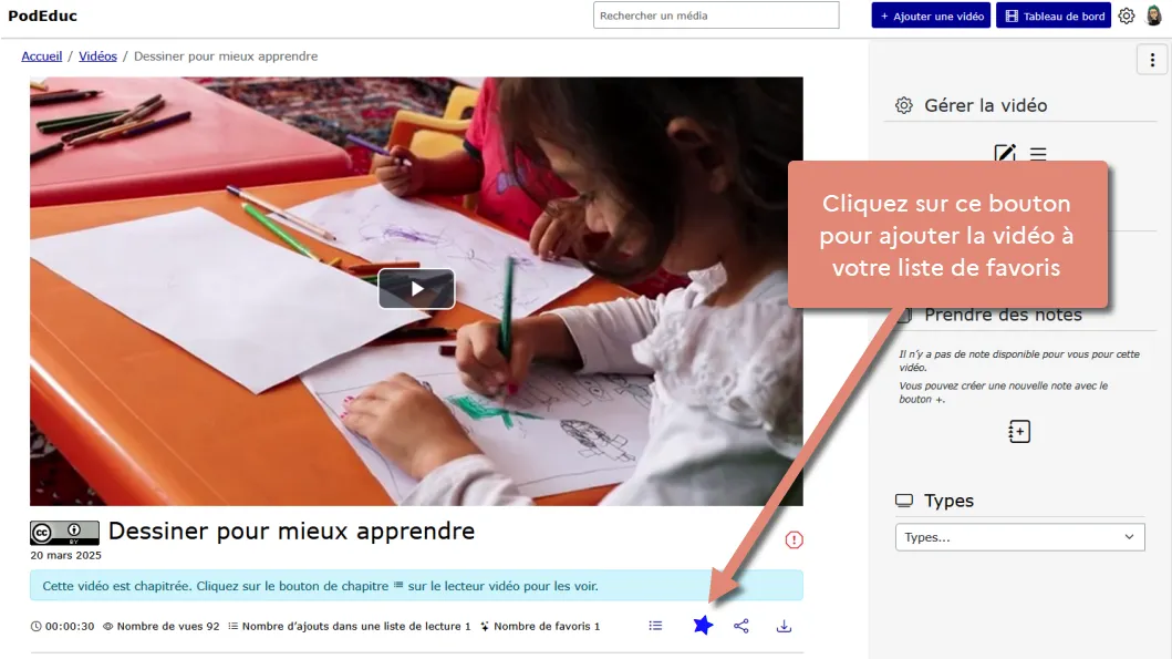Cliquer sur l&rsquo;étoile d&rsquo;une vidéo favorite.