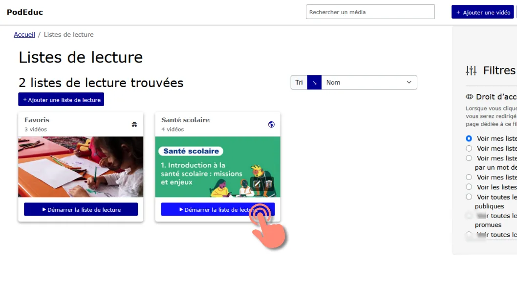 Bouton démarrer la liste de lecture.