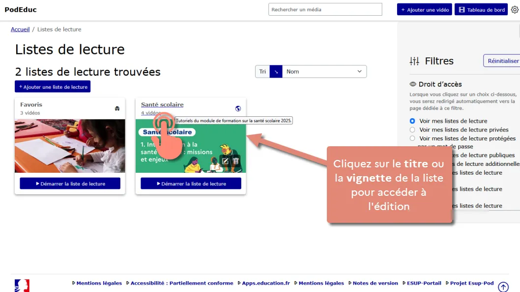 accès à la modification depuis la page vos listes de lecture.
