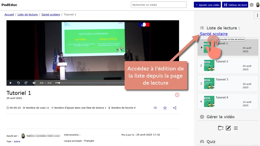 accès à la modification depuis la page de lecture d’une liste.