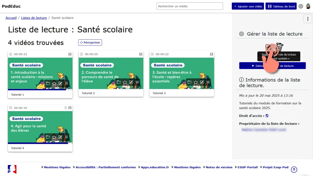 Bouton supprimer la liste de lecture.