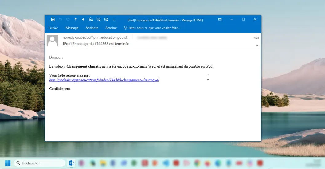 email de notification indiquant la fin de l’encodage de la vidéo