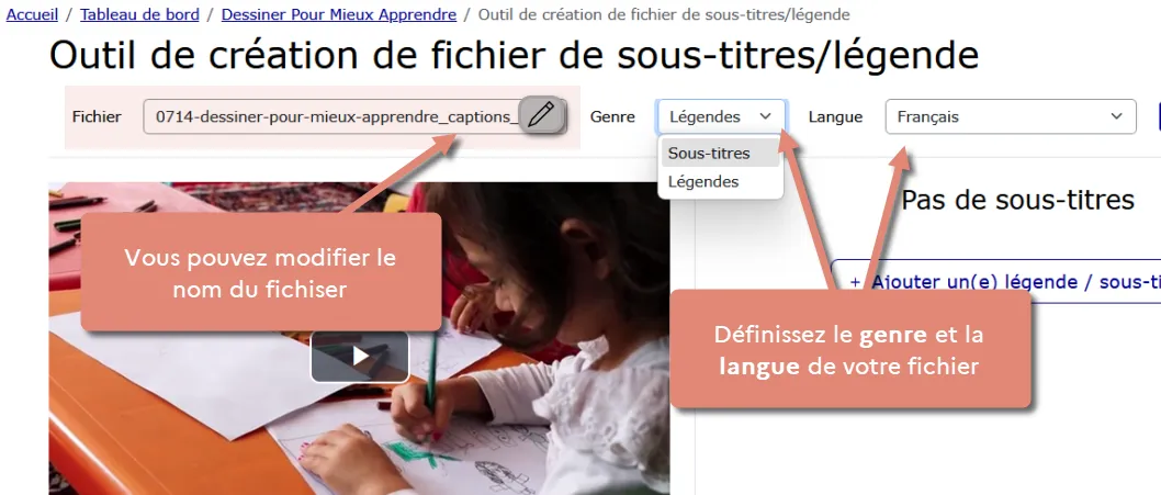 définir les informations du fichier de sous-titre ou de légende.