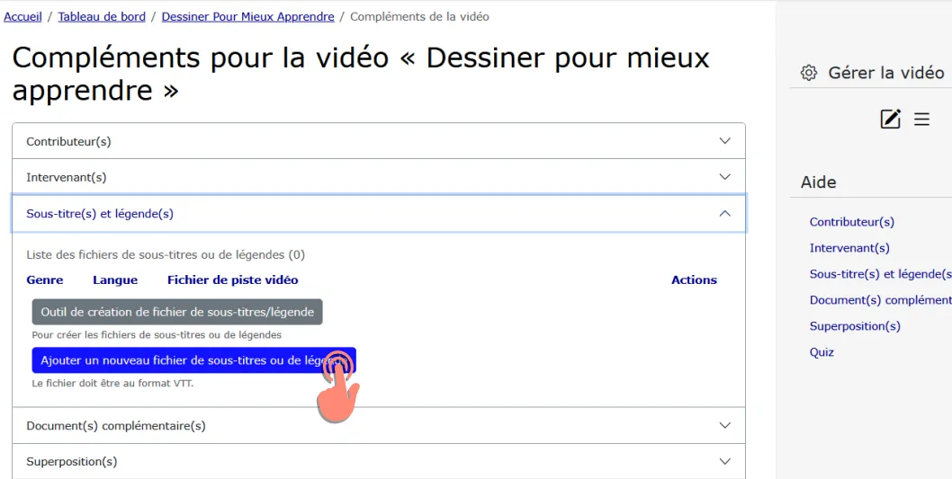 Cliquer sur le bouton ajouter un nouveau fichier de sous-titres ou de légende.