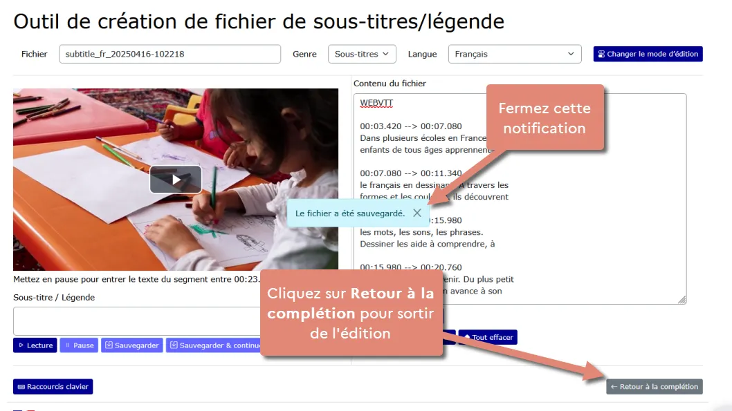 cliquer sur retour à la complétion .