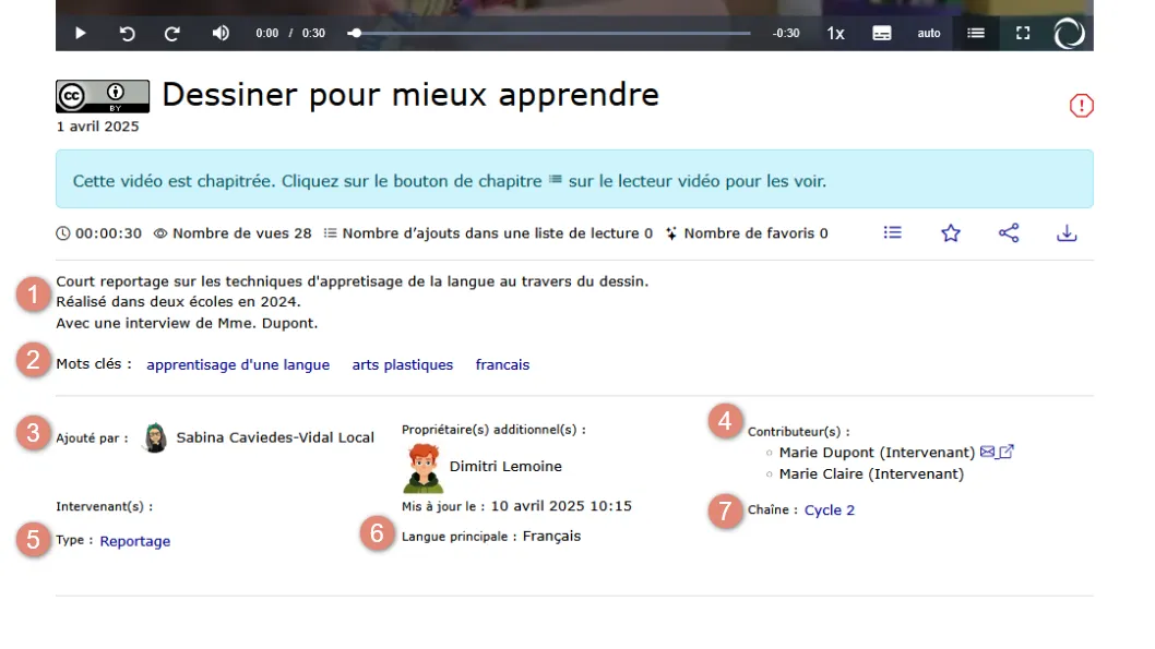 informations complémentaires sur la vidéo, description, mots-clés, propriétaire, etc.