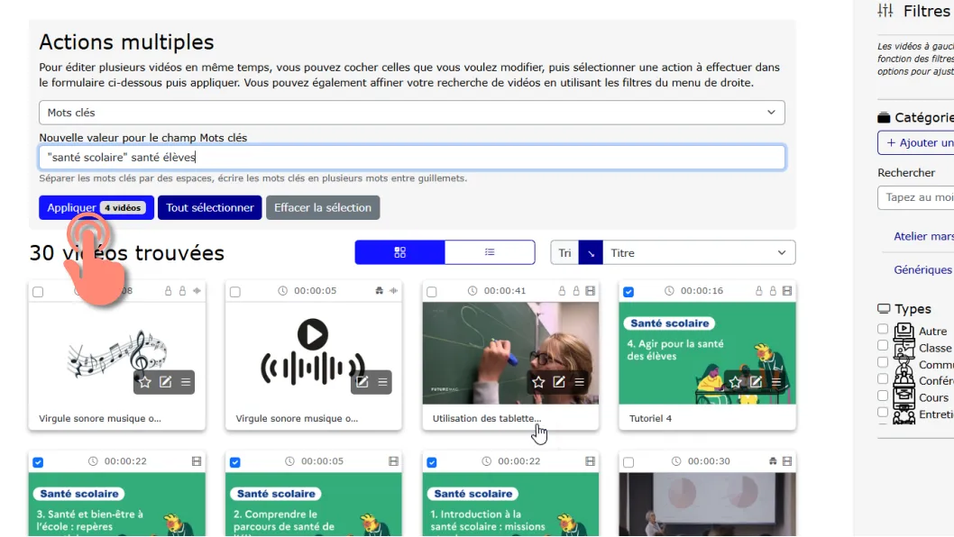 remplir les champs associés à l&rsquo;action et cliquer sur Appliquer.