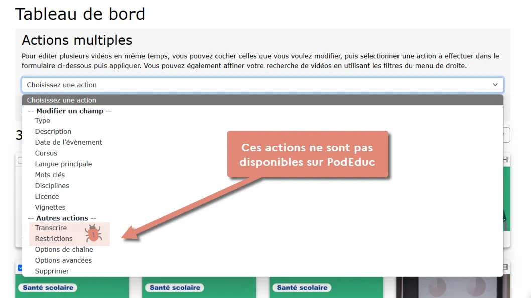 actions indisponibles transcrire et modification des restrictions.