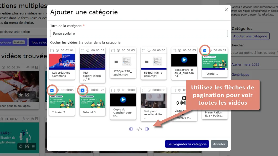 sélectionner les vidéos pour la catégorie.