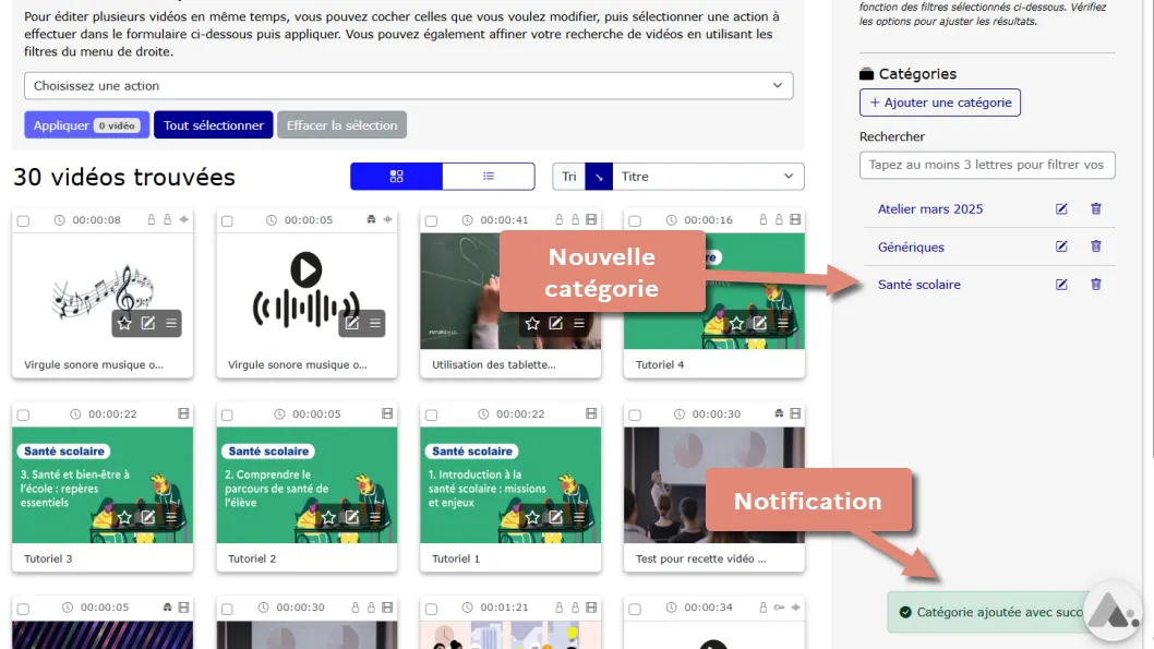 notification de la nouvelle catégorie créée.