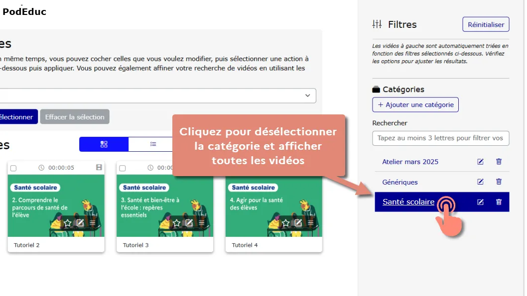 cliquer sur la même catégorie pour la désélectionner.