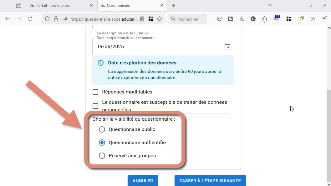 choix de la visibilité du questionnaire