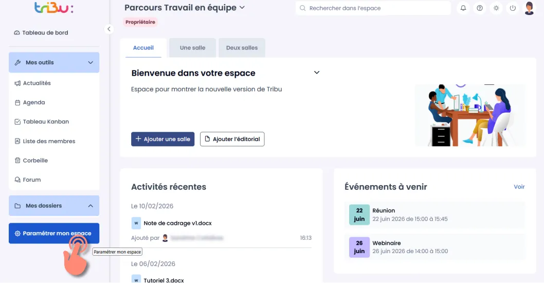 bouton paramétrer mon espace dans la page d’accueil de l’espace