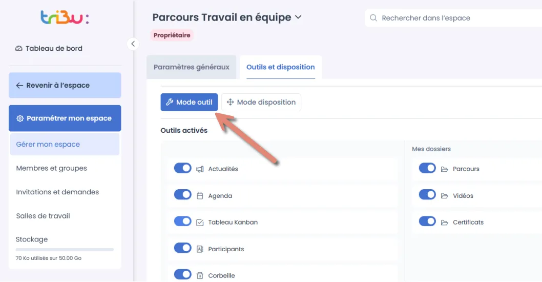 page de gestion des outils et de la disposition de l’espace