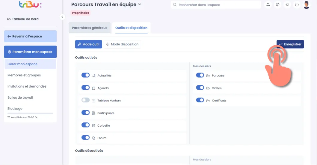bouton enregistrer la configuration des outils