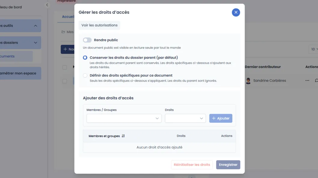 fenêtre de gestion des droits