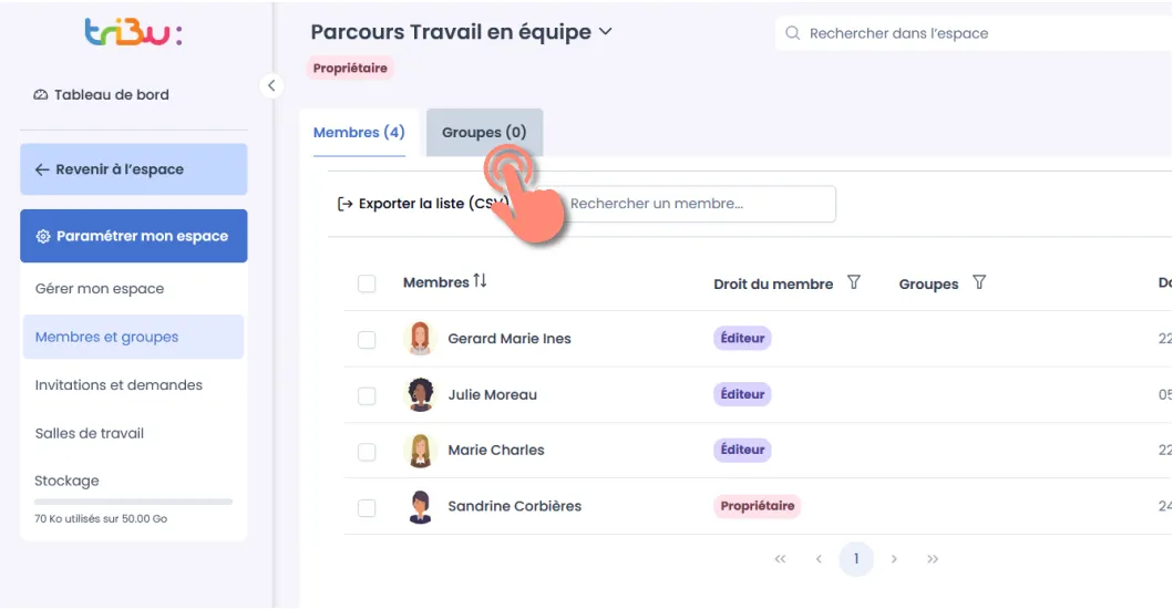 accès à la gestion des groupes
