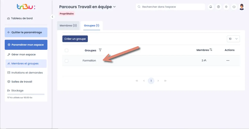 groupe créé dans la liste
