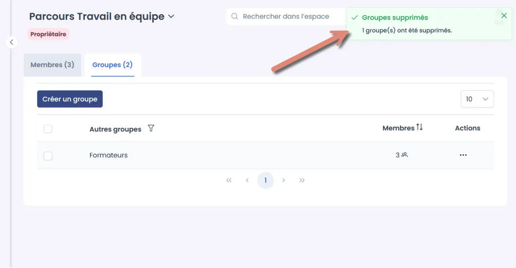 notification de suppression du groupe.