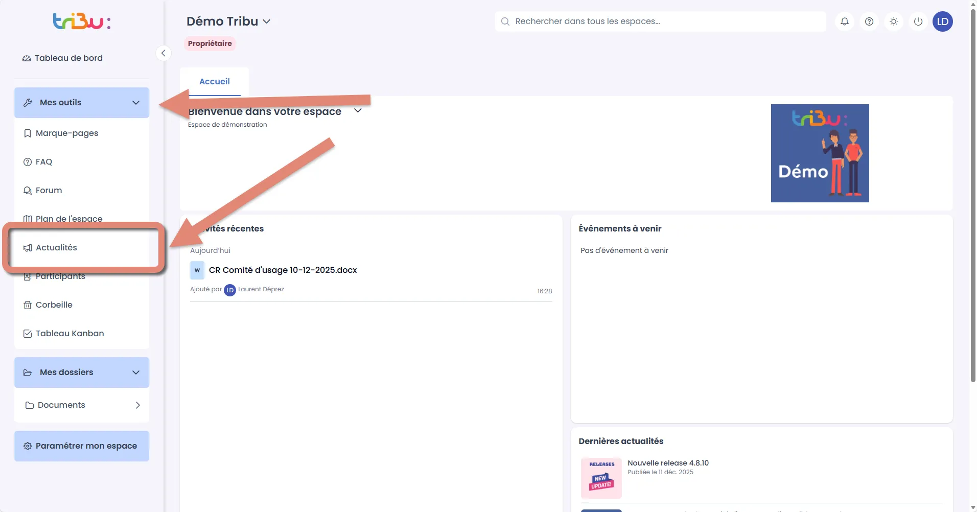 accès aux actualités depuis le menu latéral
