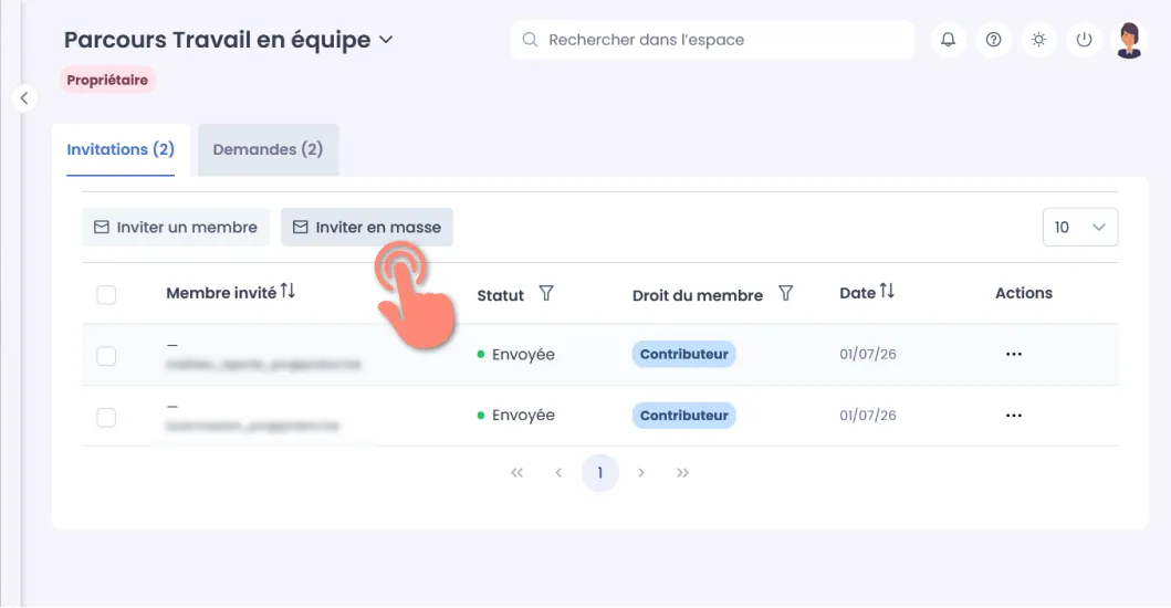 onglet Invitations en masse