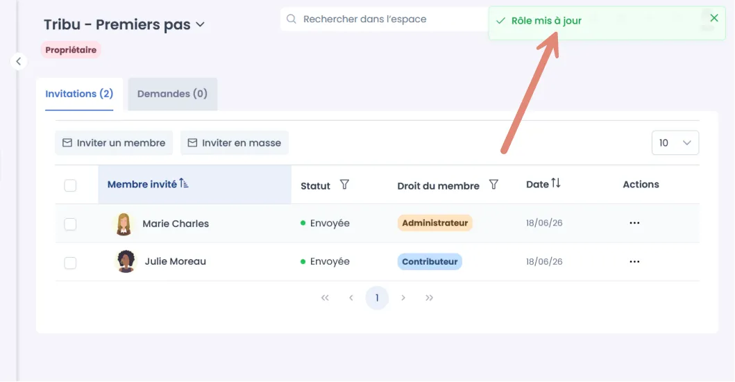 notification de mise à jour du rôle.