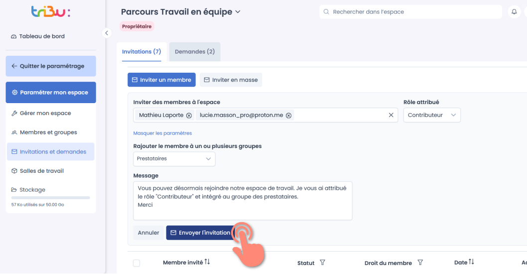 bouton Envoyer l’invitation.
