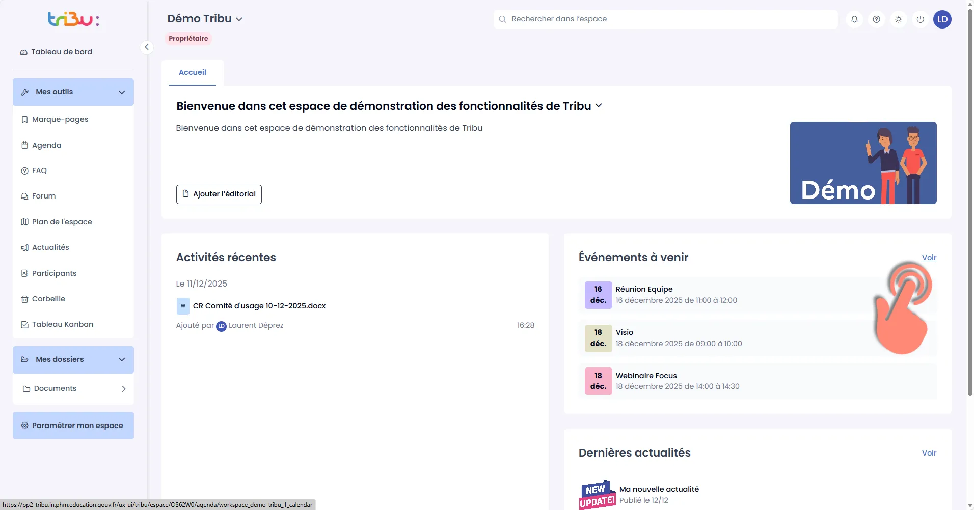 accès à l&rsquo;agenda depuis le bloc d&rsquo;accueil