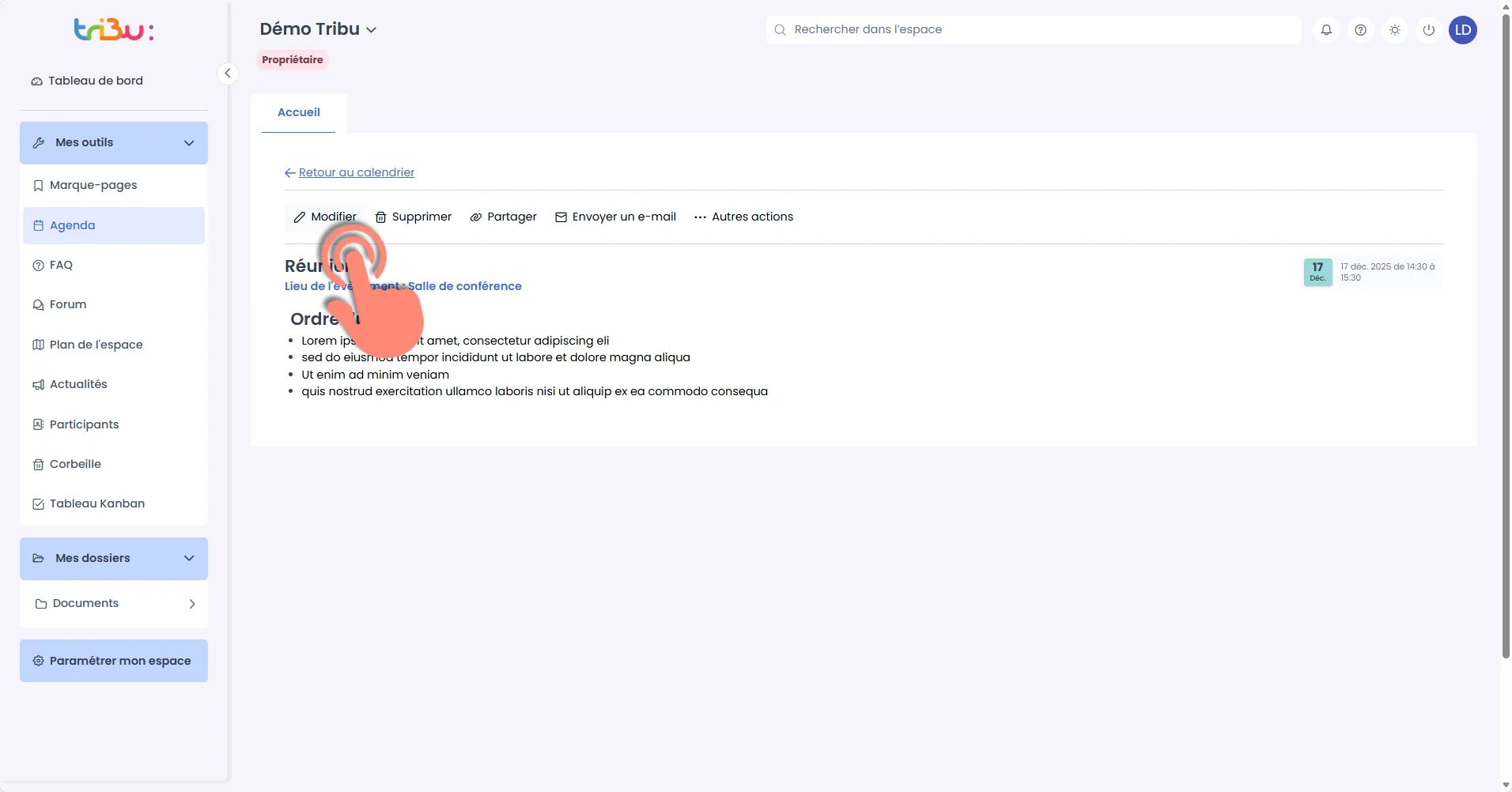 affichage de l&rsquo;évènement 