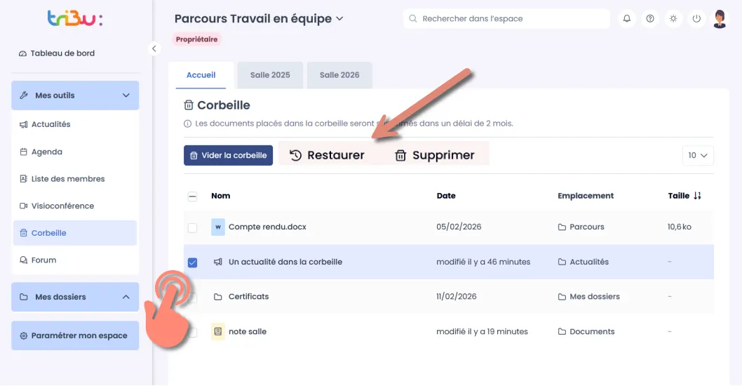 options restaurer, supprimer et vider la corbeille