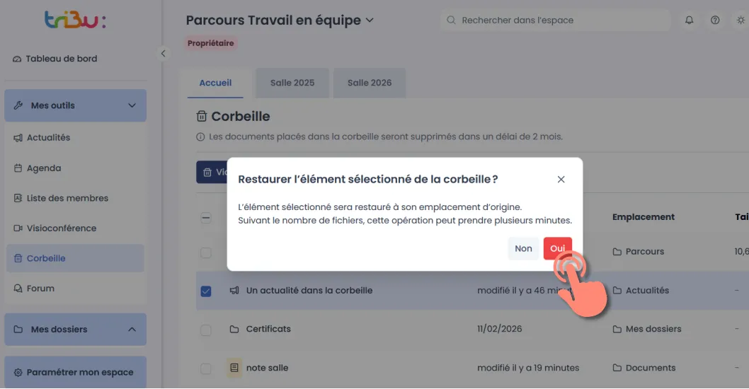 confirmation de la restauration