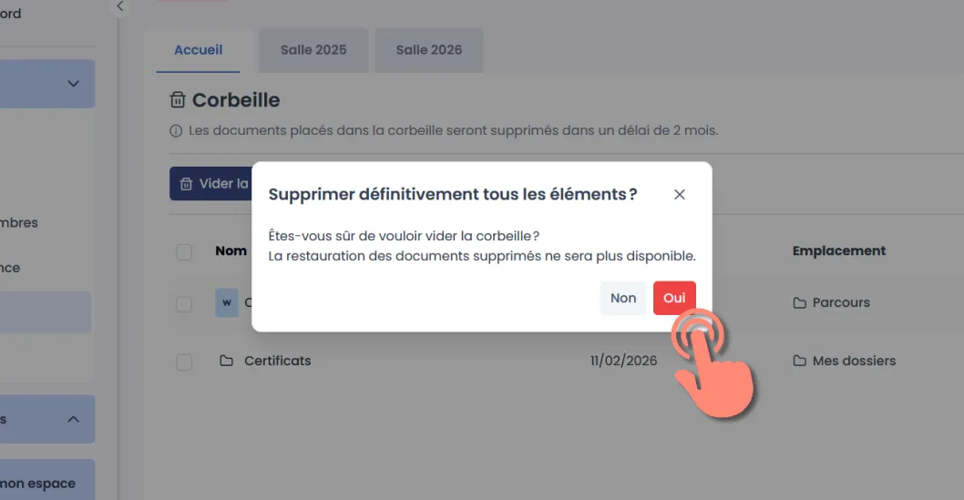 confirmation du vidage de la corbeille