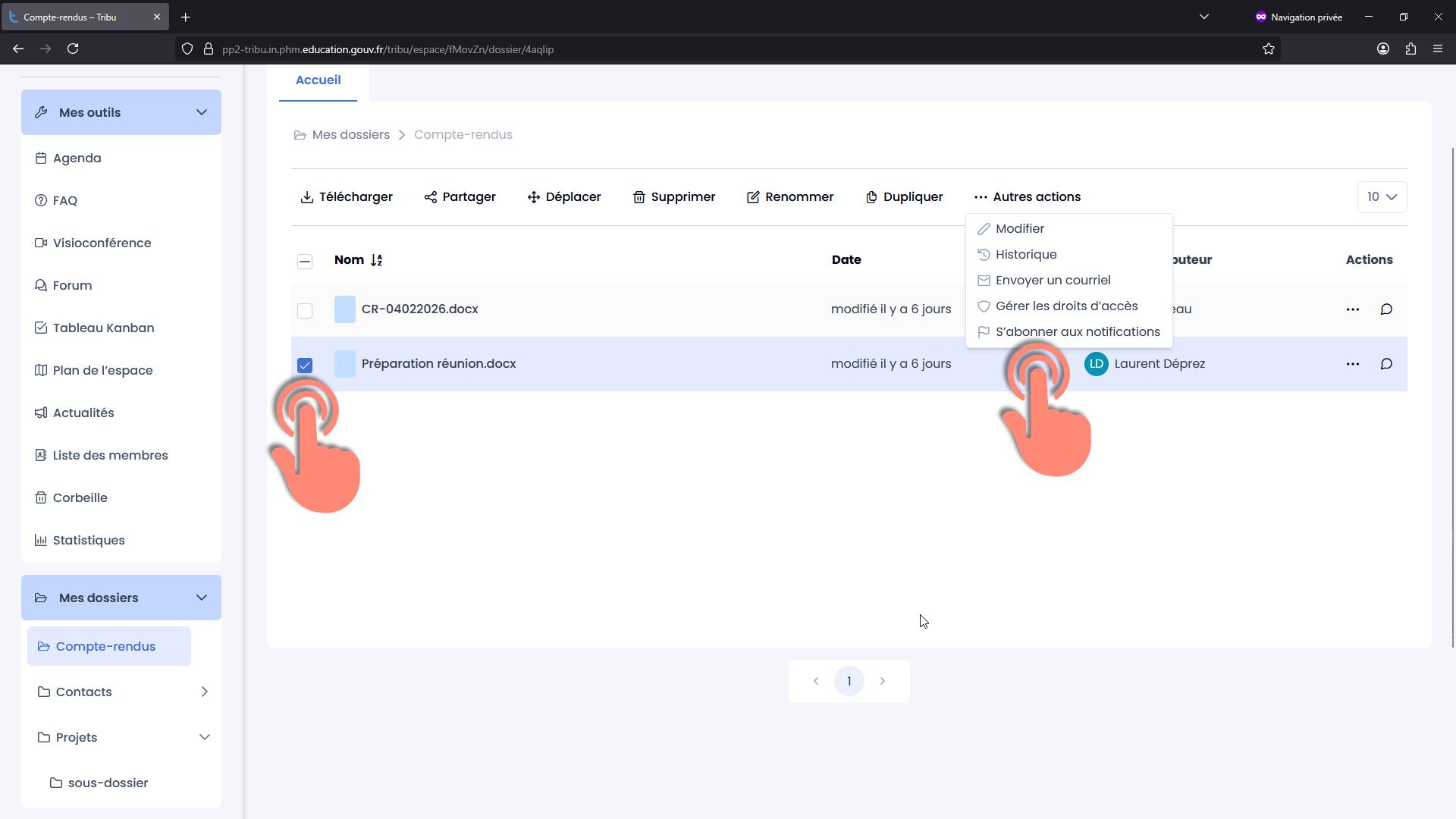 document sélectionné et menu autres actions