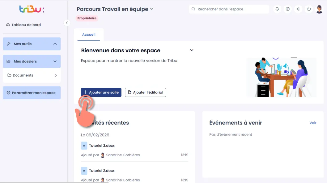 bouton ajouter une salle visible dans la page d’accueil de l’espace