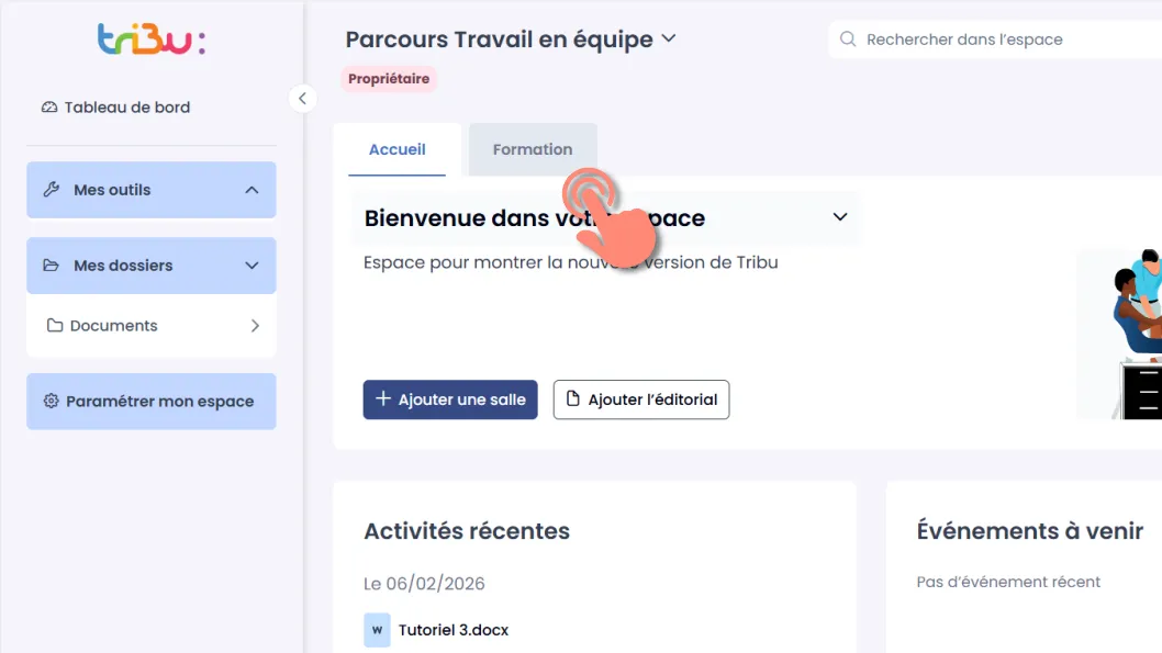 affichage d’une salle sous forme d’onglet dans l’accueil de l’espace